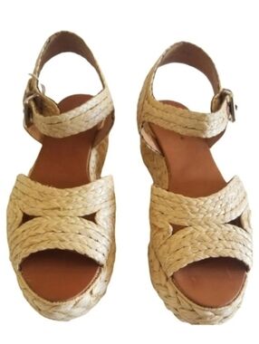 Clergerie Raffia & Leather Platform Sandals, Beige (Natural)/Tan, 40.5 (10), NWT